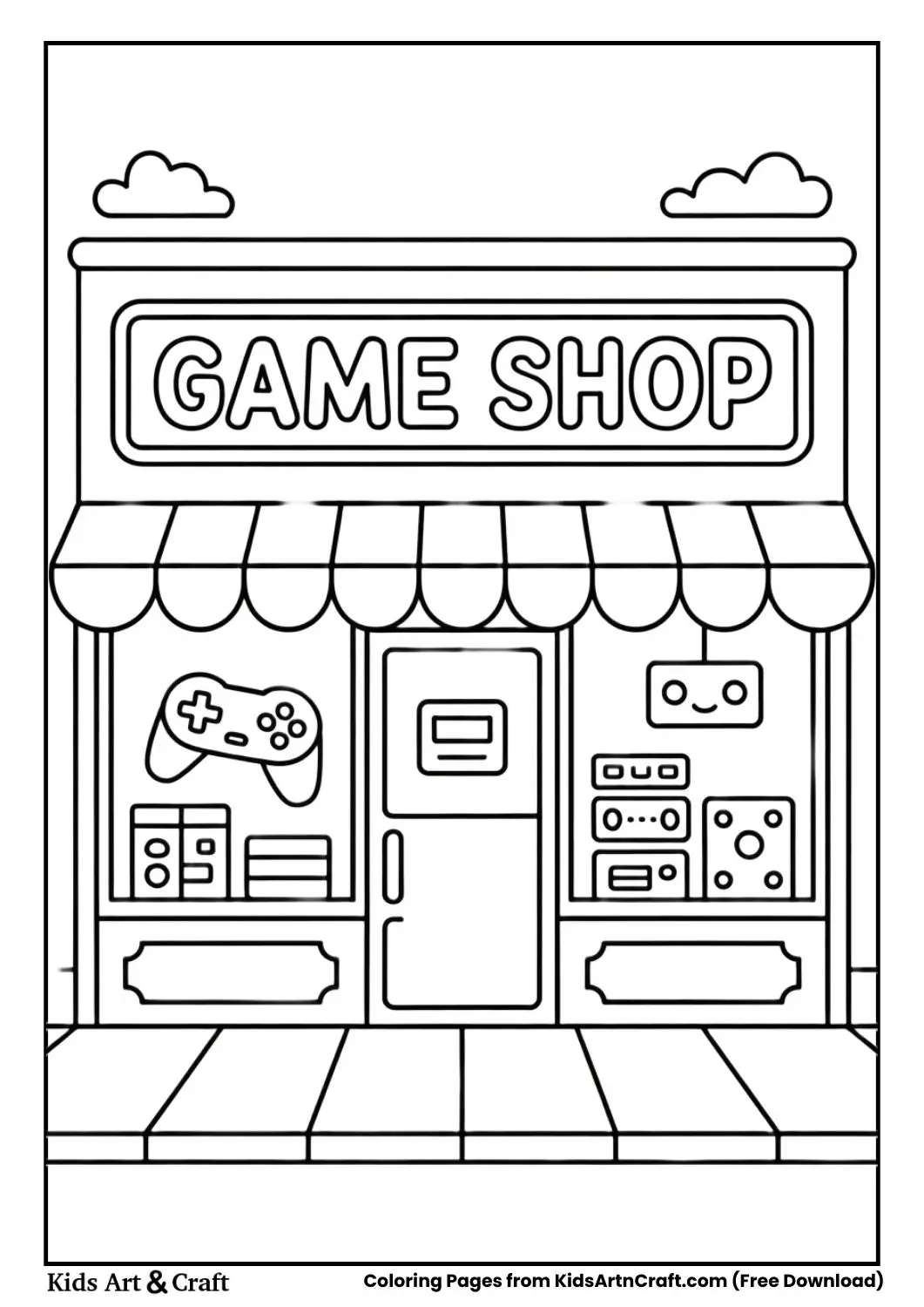 Game Shop coloring page with controller and game boxes