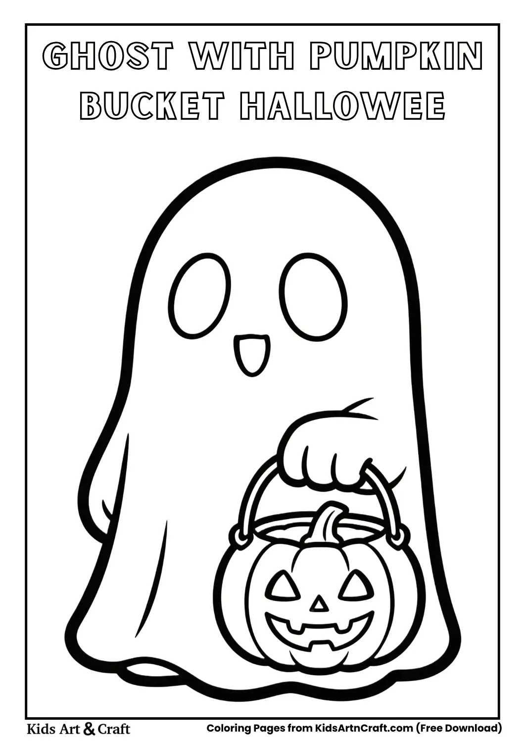 Cute ghost holding pumpkin trick-or-treat bucket, simple black and white coloring page
