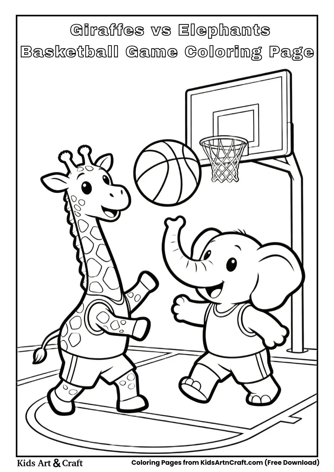 Simple black and white giraffe and elephant basketball teams with large ball and easy court lines