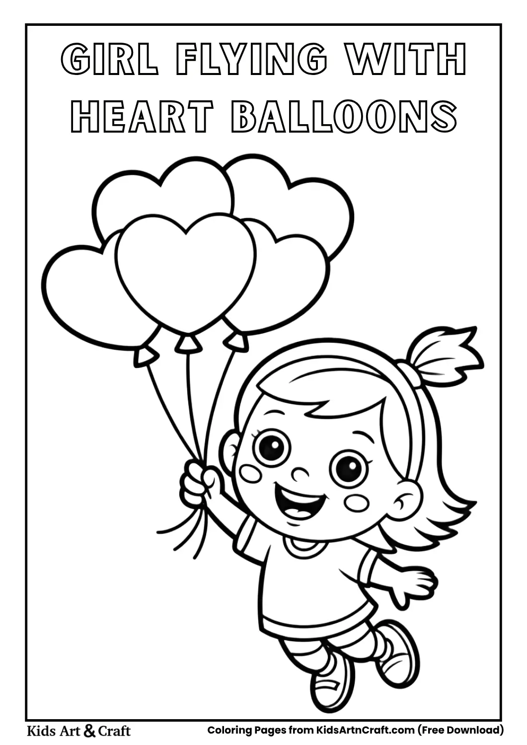 little girl flying with heart shaped balloons black and white coloring page for children