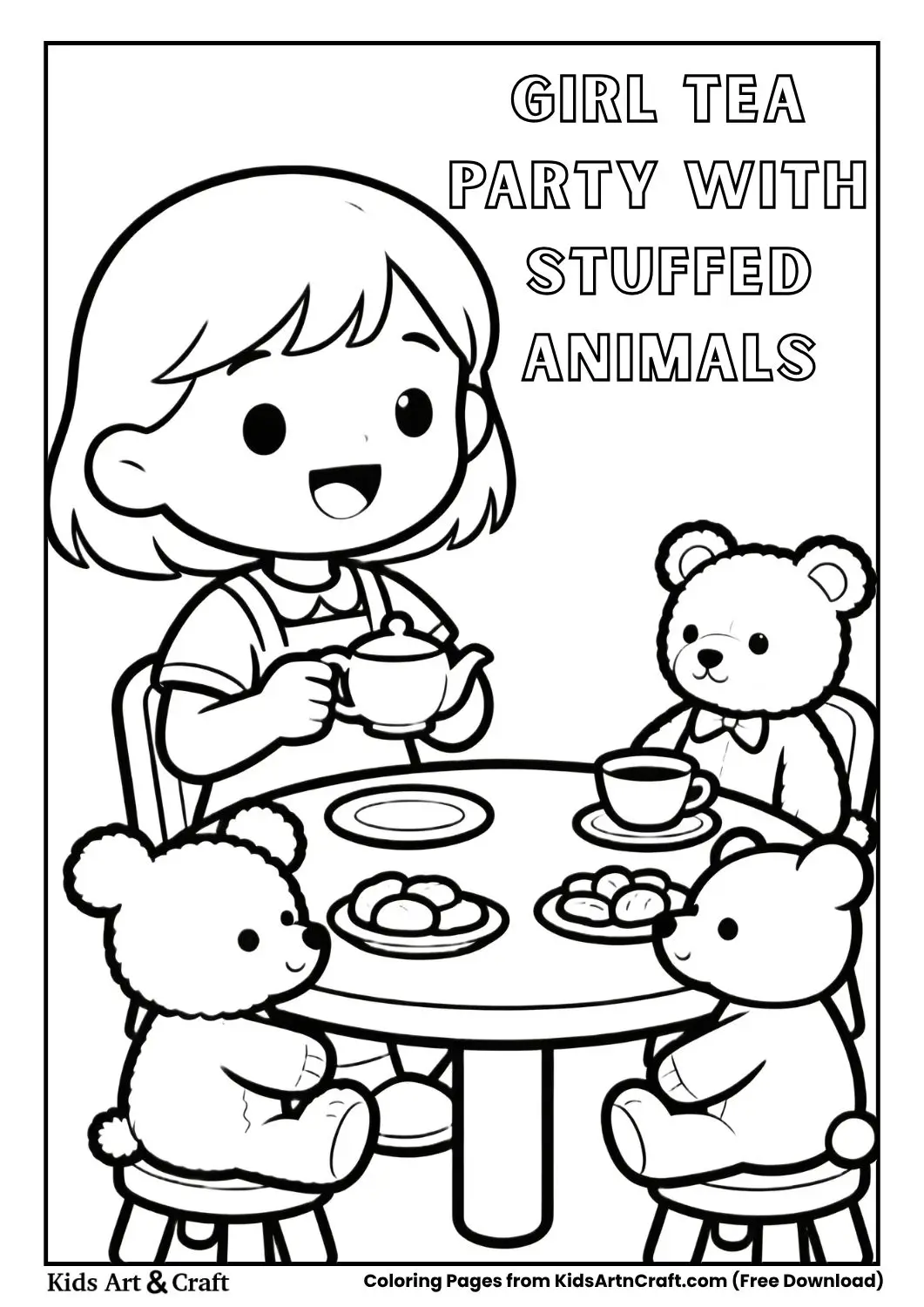 Girl having a tea party with stuffed animals black and white coloring page