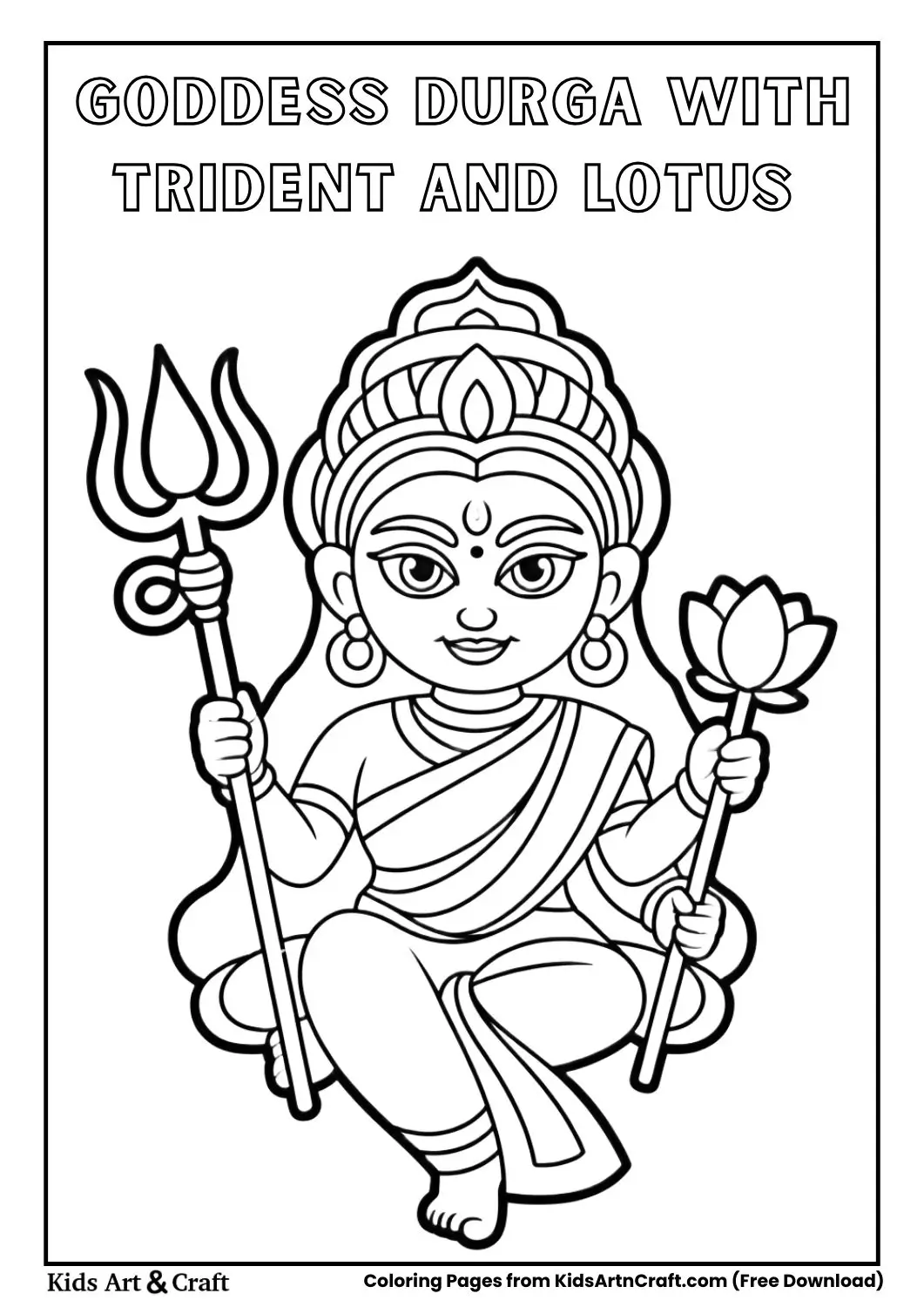 Goddess Durga holding trident and lotus simple line art coloring page