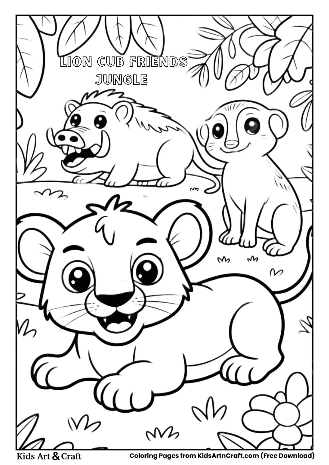 Lion cub relaxing on grass with warthog and meerkat jungle coloring page