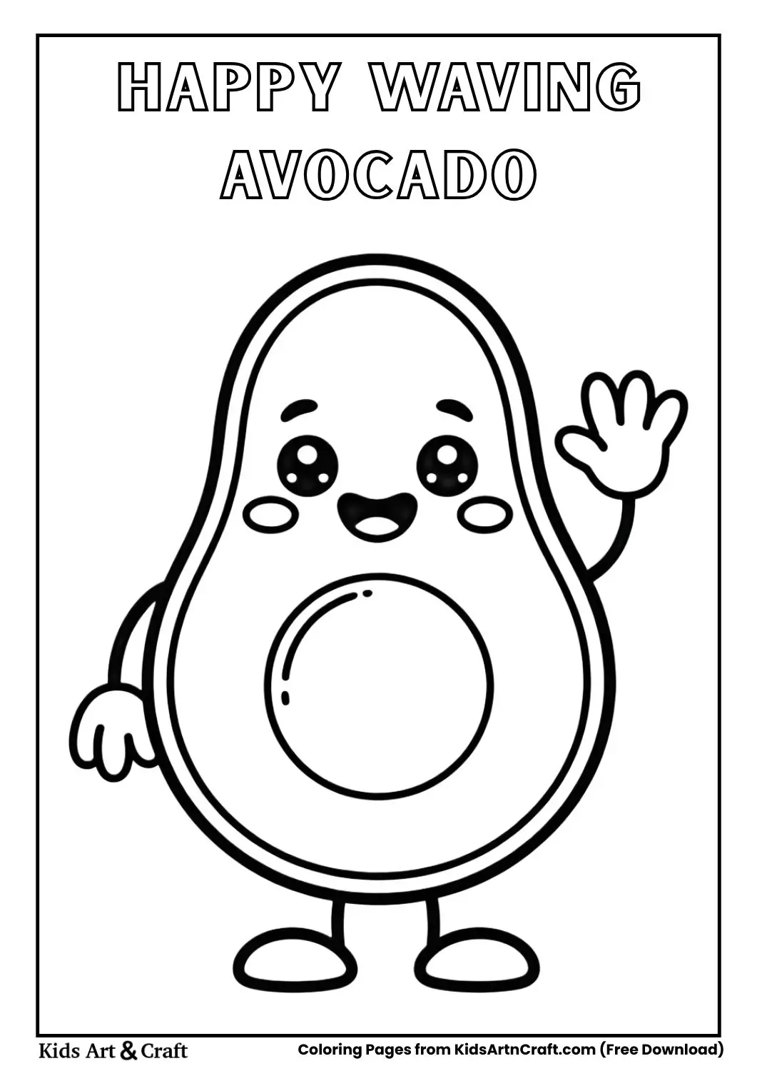 Cute avocado waving hello cartoon black and white coloring page