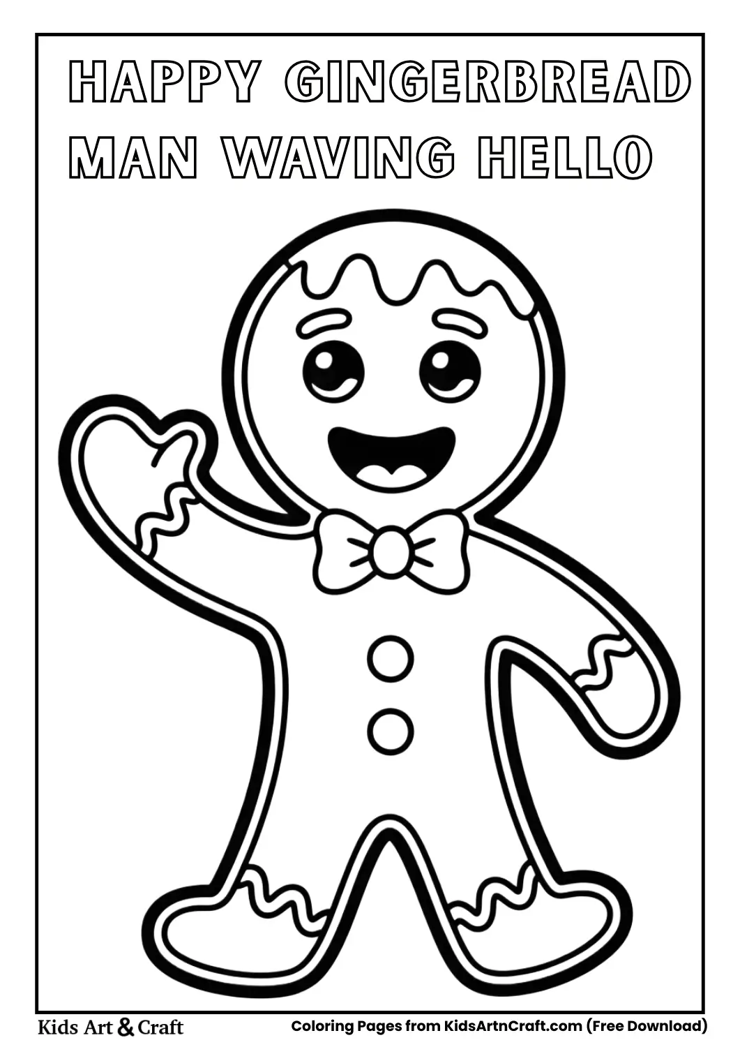 Happy gingerbread man waving with icing smile black and white coloring page for kids