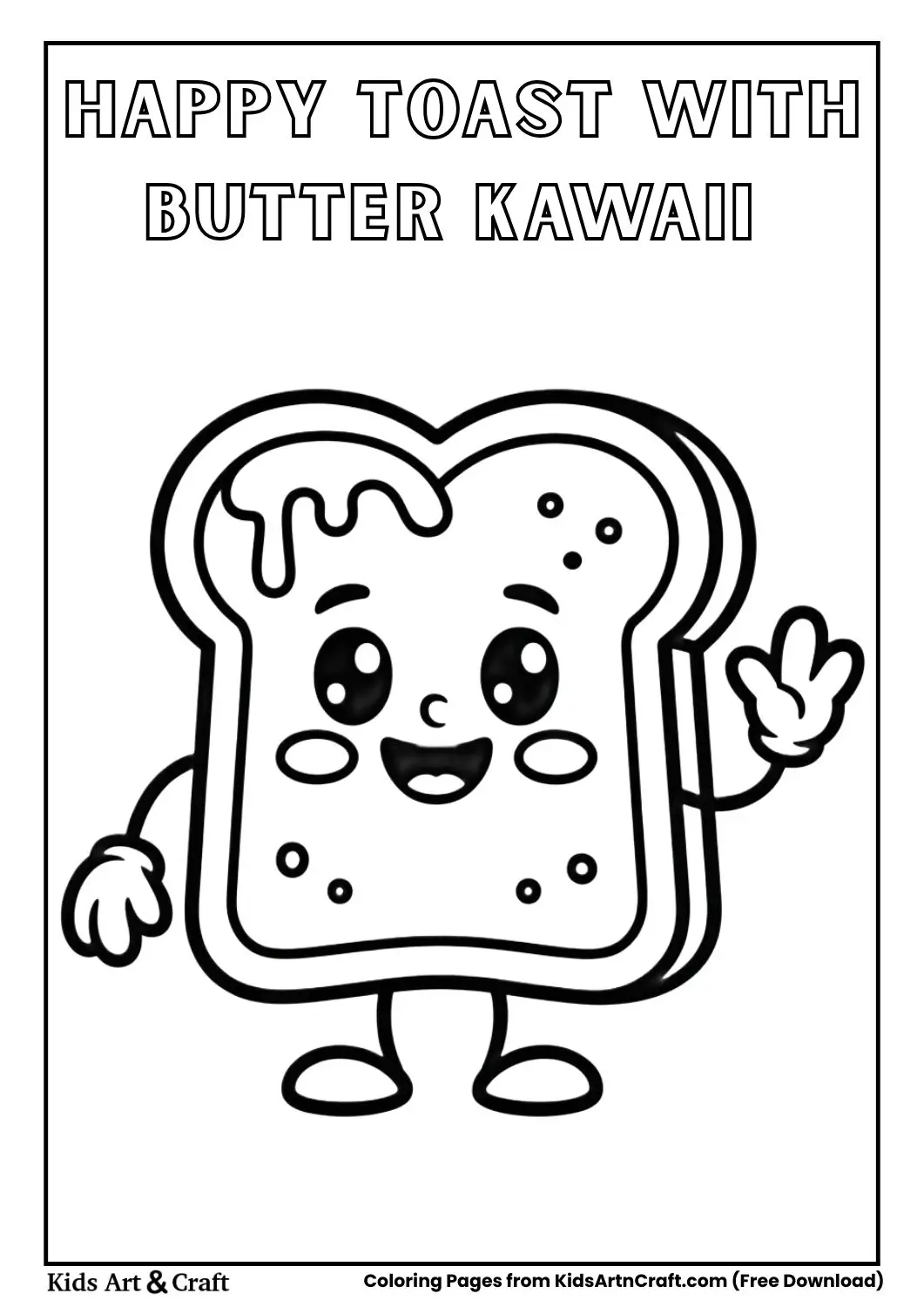 Happy toast with melting butter kawaii face black and white coloring page
