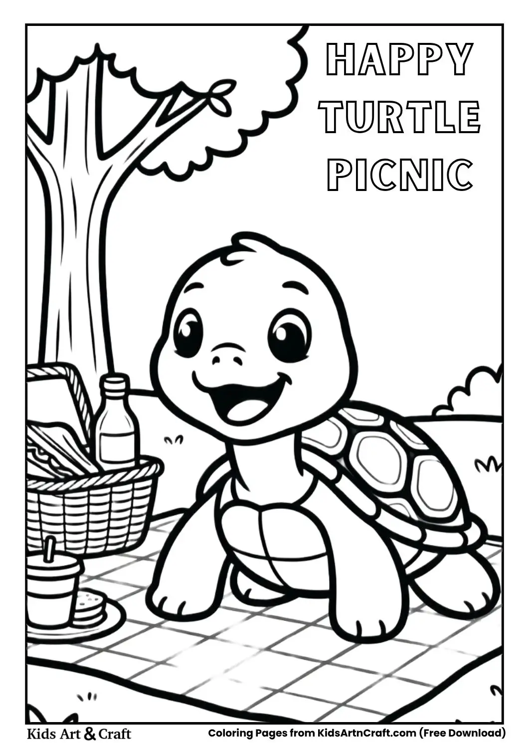 Turtle eating seaweed at picnic coloring page