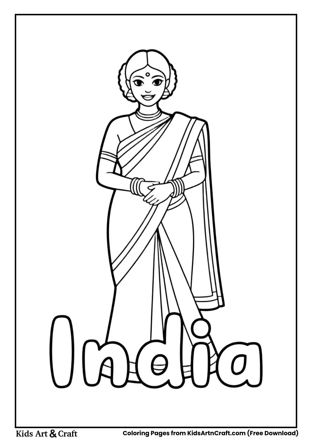 Woman wearing Indian saree traditional costume coloring page with country name India