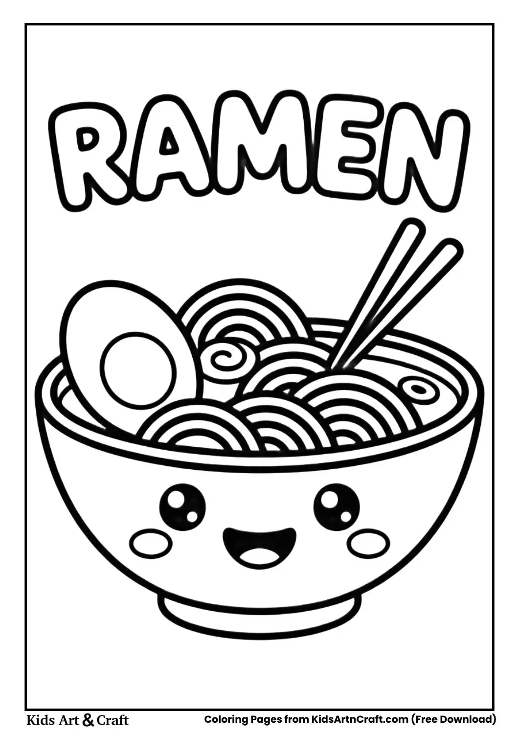 cute ramen bowl with noodles kawaii black and white coloring page