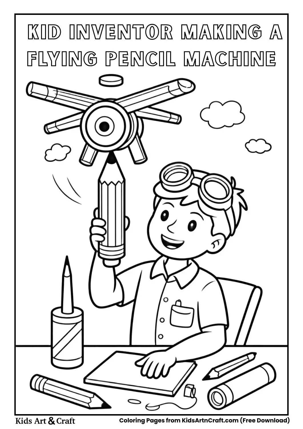 Young inventor building a flying pencil machine black and white coloring page