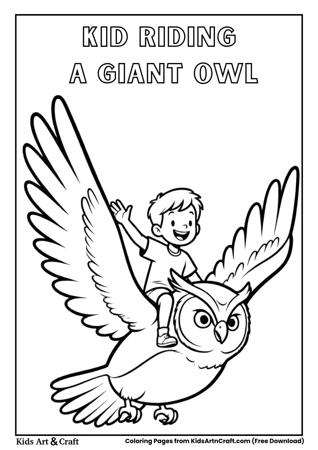 child riding a giant owl black and white coloring page for children