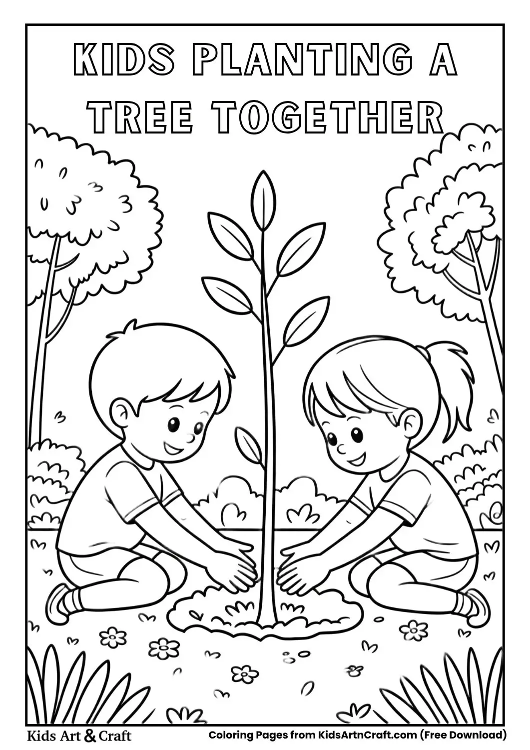 children planting a tree together teamwork coloring page for kids