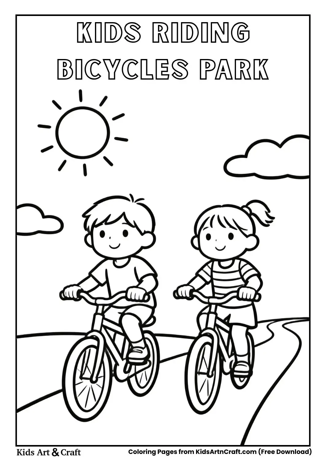 Simple line art coloring page of two kids riding bicycles outdoors