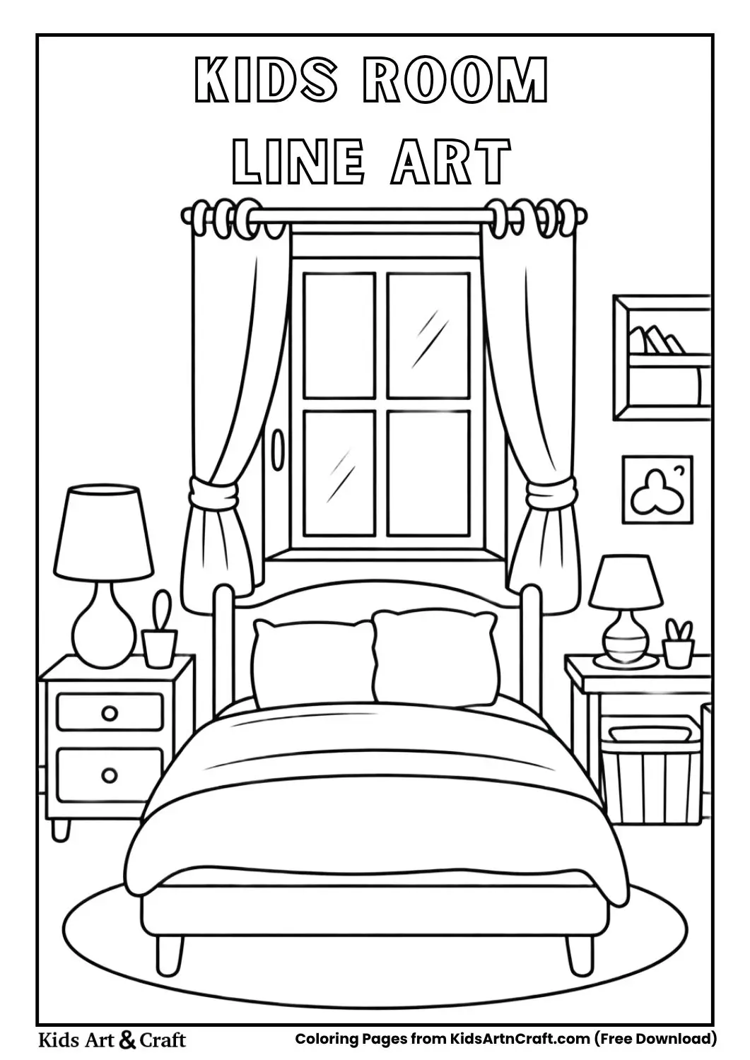 simple kids room black and white coloring page with bed and toy box
