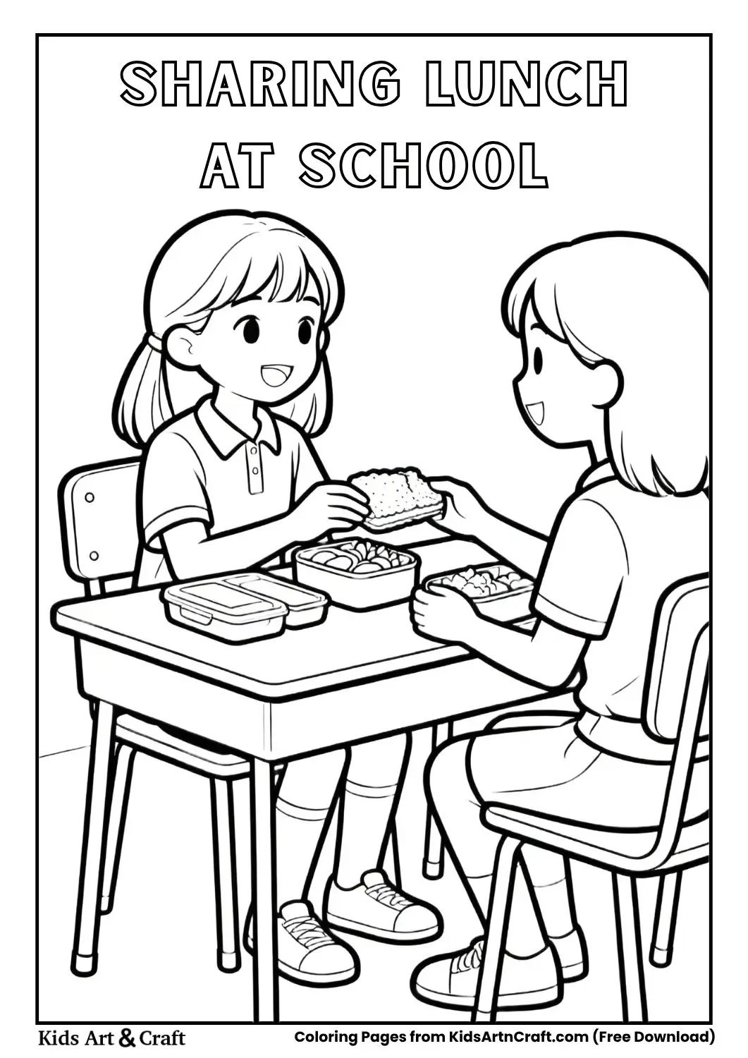 girl sharing lunch with friend at school easy coloring page