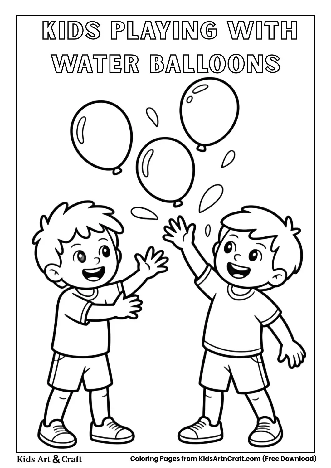 kids throwing water balloons black and white coloring page for children