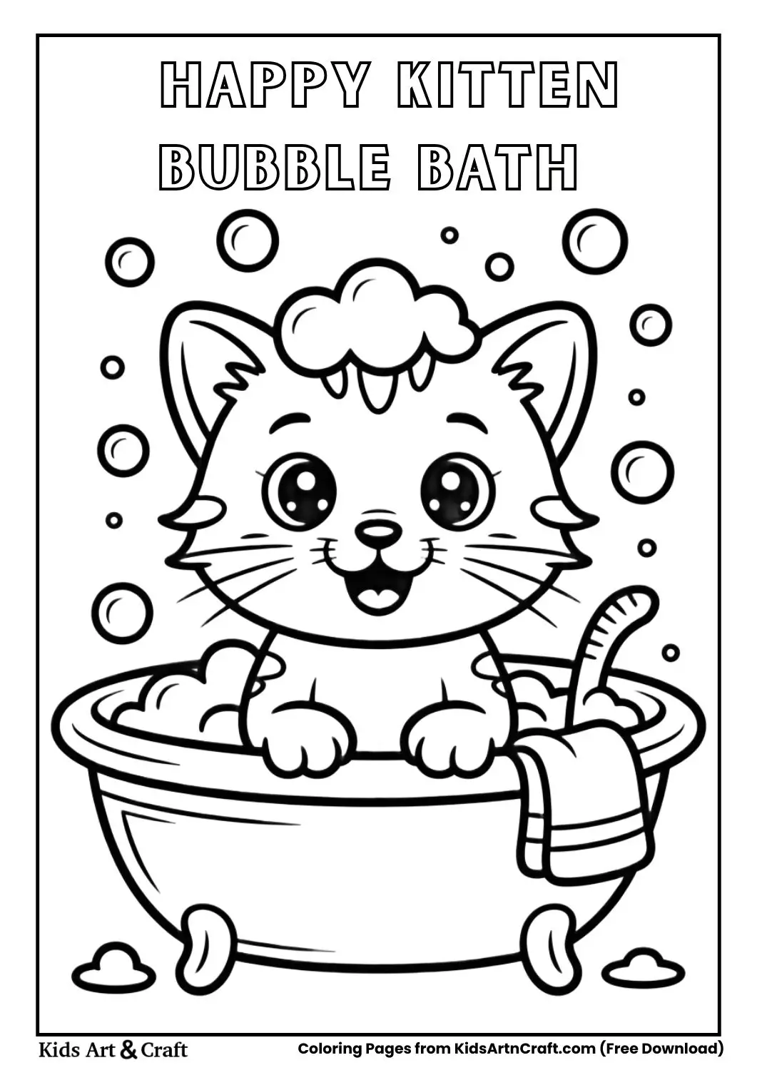 happy kitten sitting in bubble bath tub coloring page