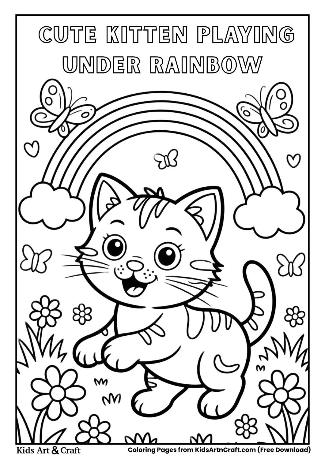 black and white line art coloring page of a kitten playing under a rainbow with butterflies