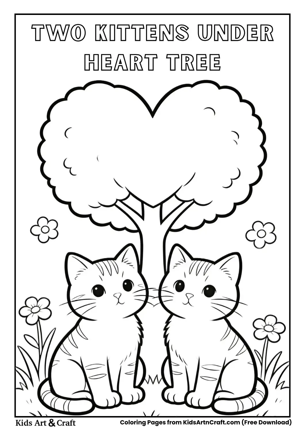 Simple black and white coloring page of two kittens sitting under a heart-shaped tree