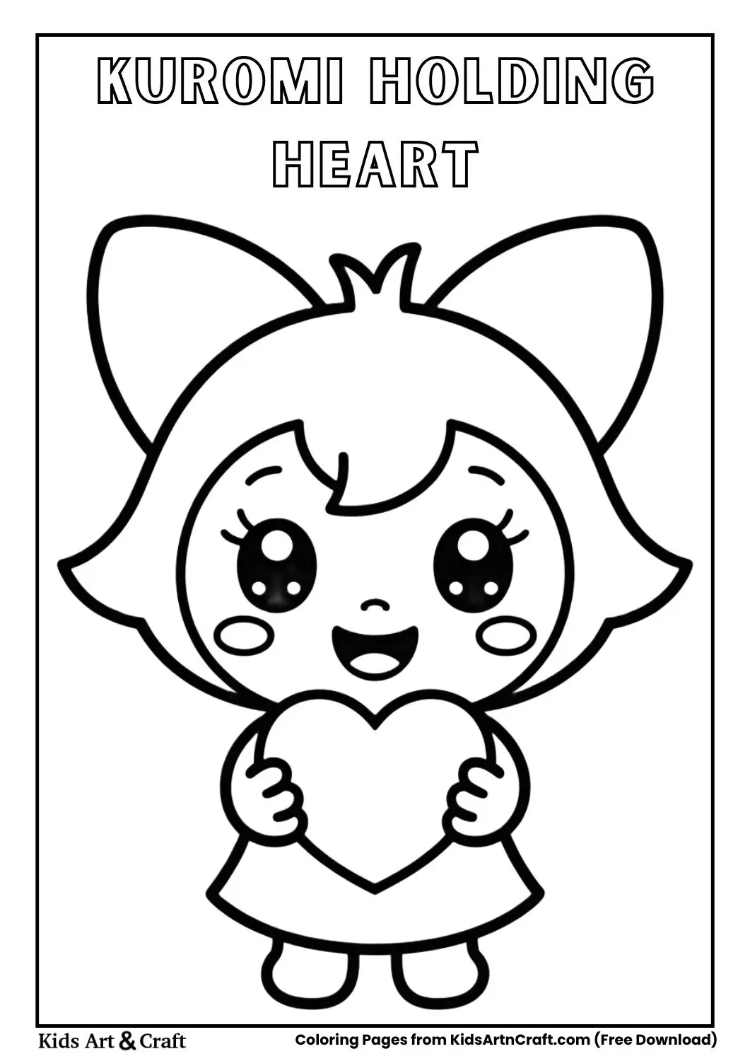 Kuromi holding a heart simple black and white coloring sheet for kids