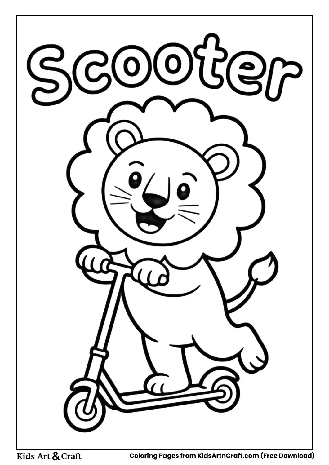 lion riding scooter coloring page for kids