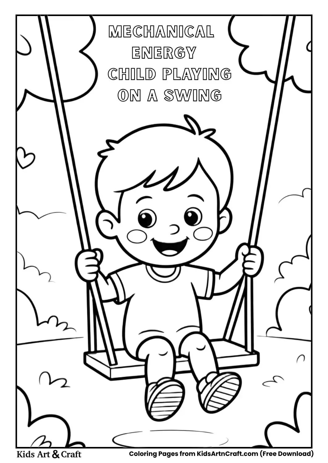Child playing happily on a swing in a simple park with bold outlines coloring page