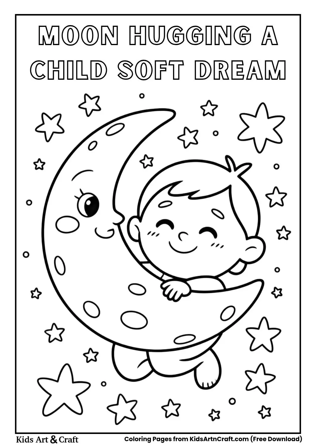 Cute moon hugging a child black and white coloring page for kids