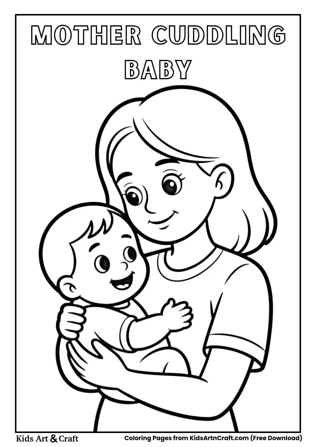 Mother cuddling a happy baby coloring page