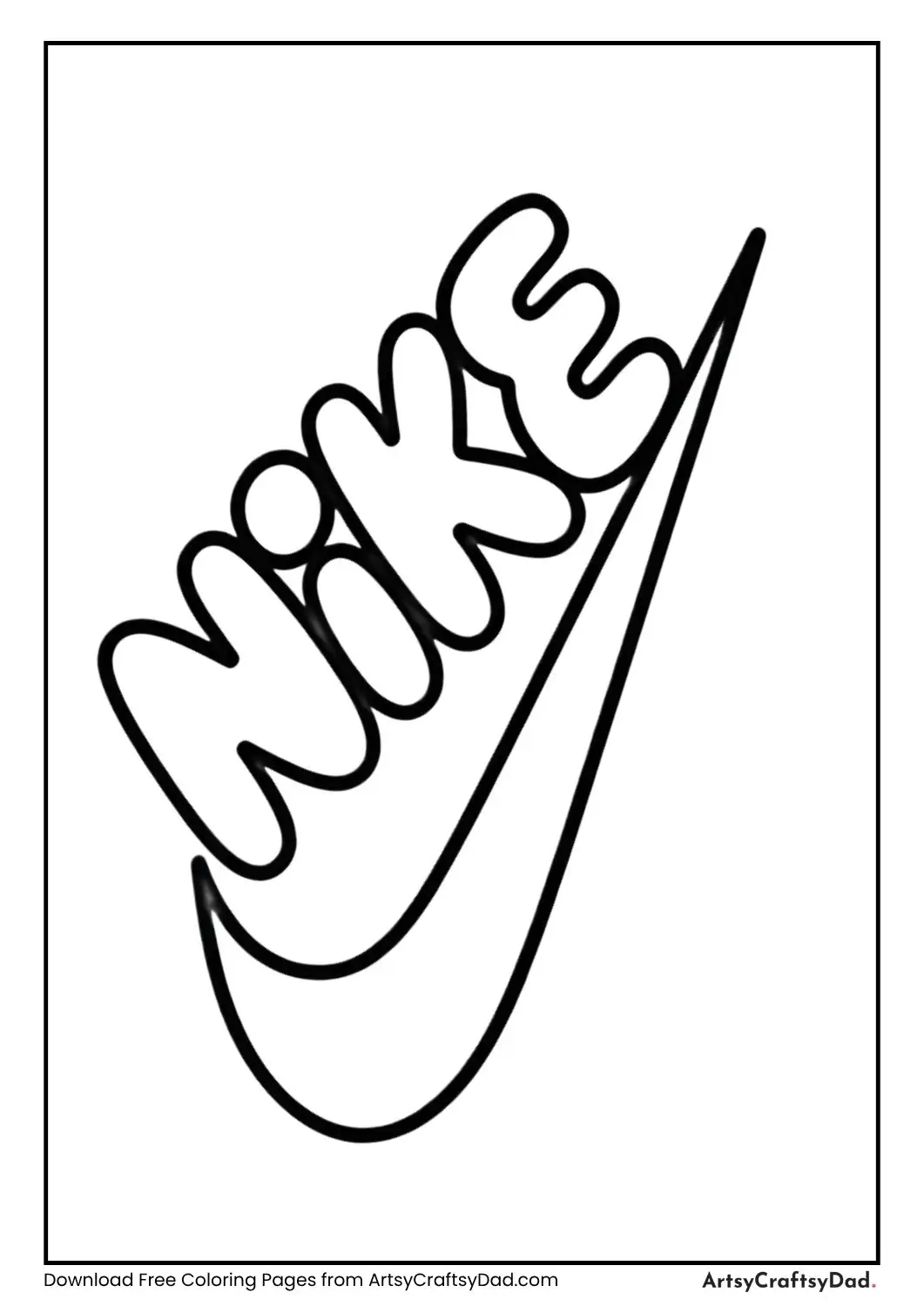 Nike swoosh coloring page with brand name on top for kids
