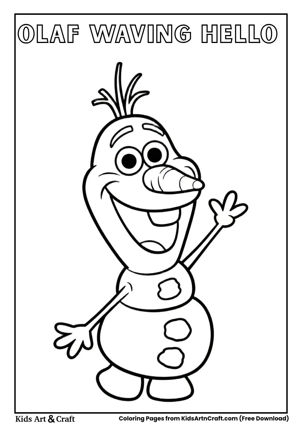 Olaf the snowman waving hello simple black and white coloring page for kids