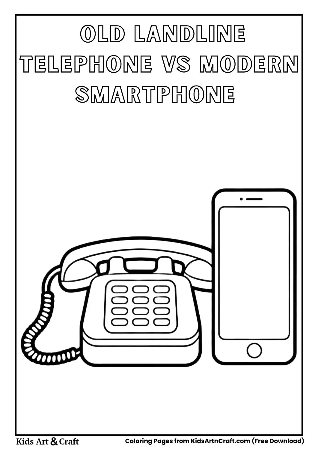 Old landline telephone and modern smartphone side-by-side coloring page