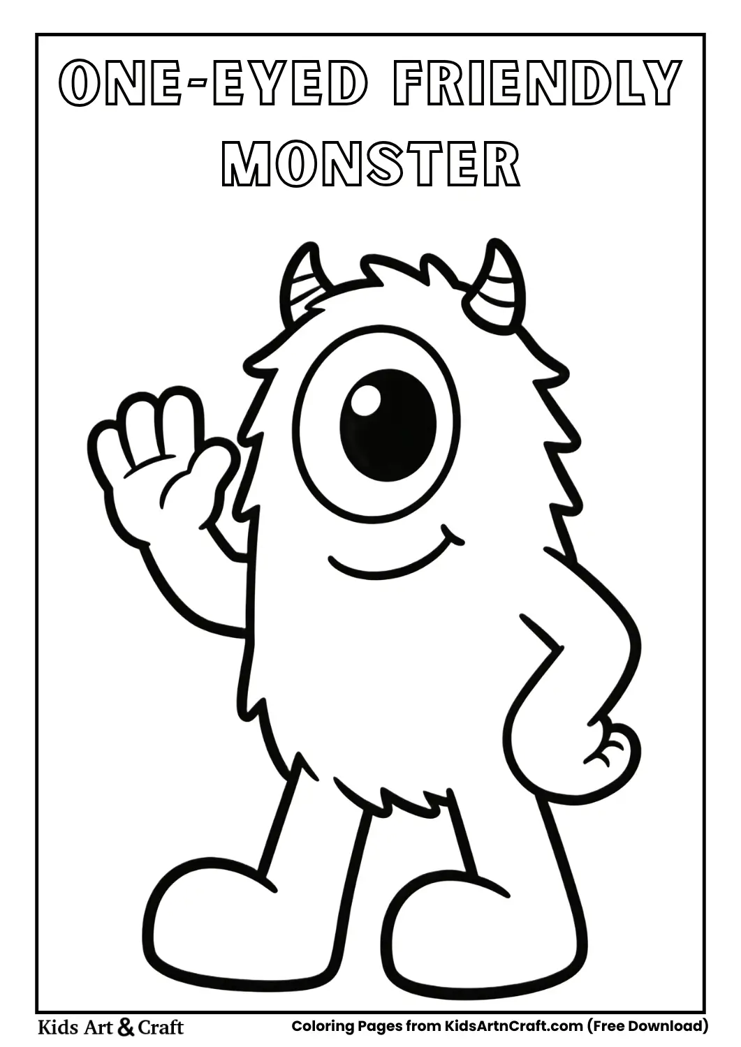 Cartoon one-eyed monster with small horns and big feet, black and white
