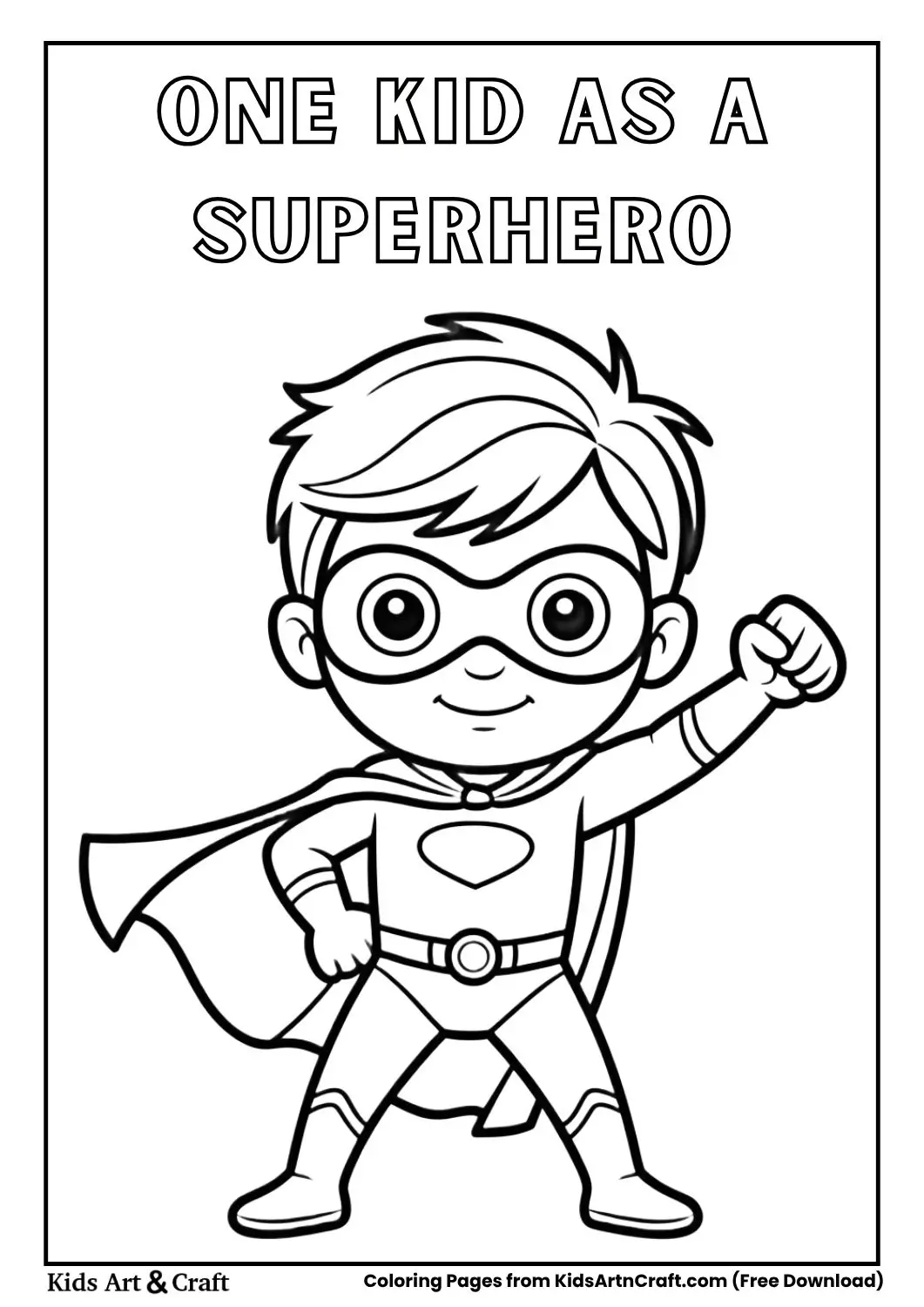 black and white coloring page of a child dressed as a superhero with a cape and mask