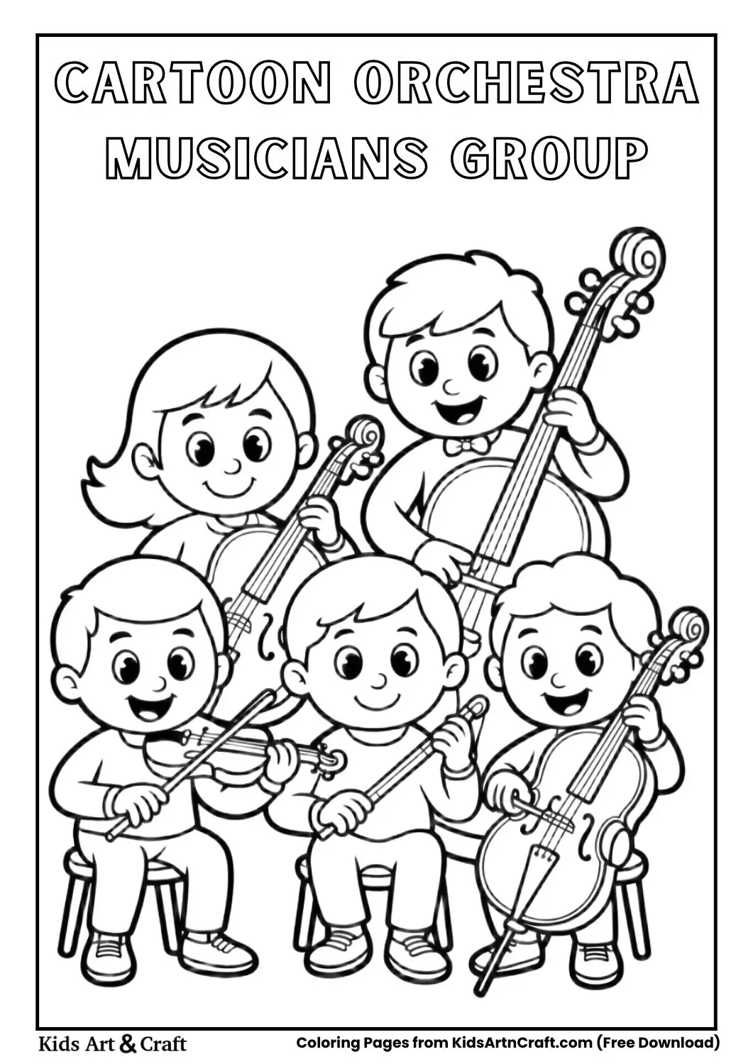group of orchestra musicians playing violin cello and flute simple kids coloring page