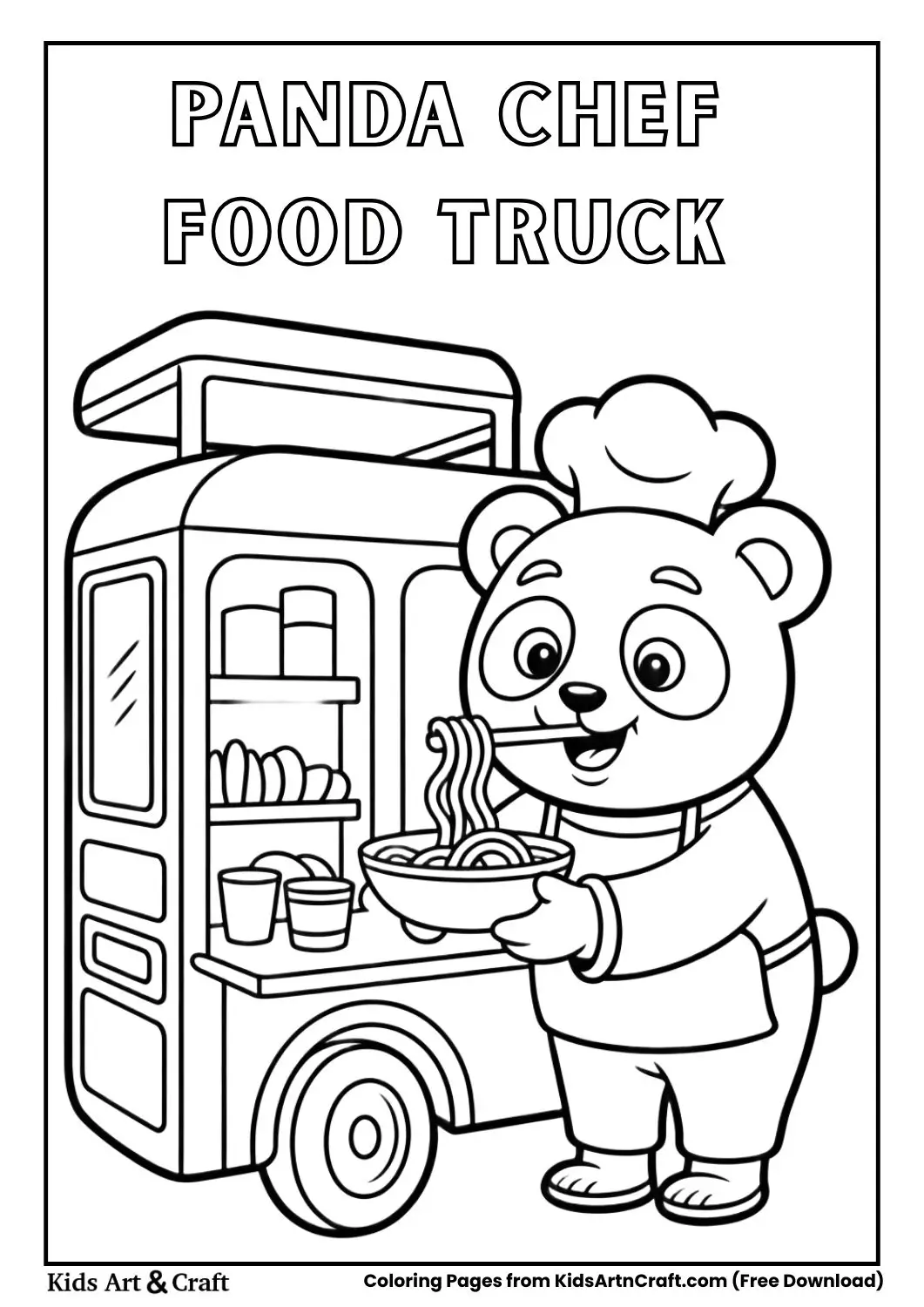cartoon panda chef serving noodles from food truck black and white coloring page for kids