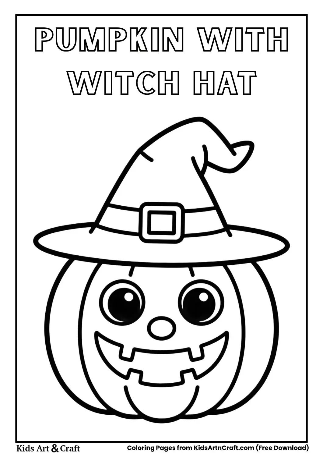 Cute pumpkin wearing a witch hat Halloween coloring page for kids