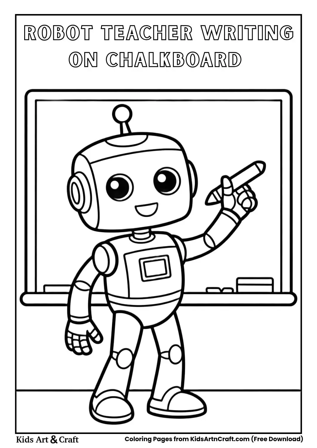 robot teacher writing on a classroom chalkboard simple black and white coloring page