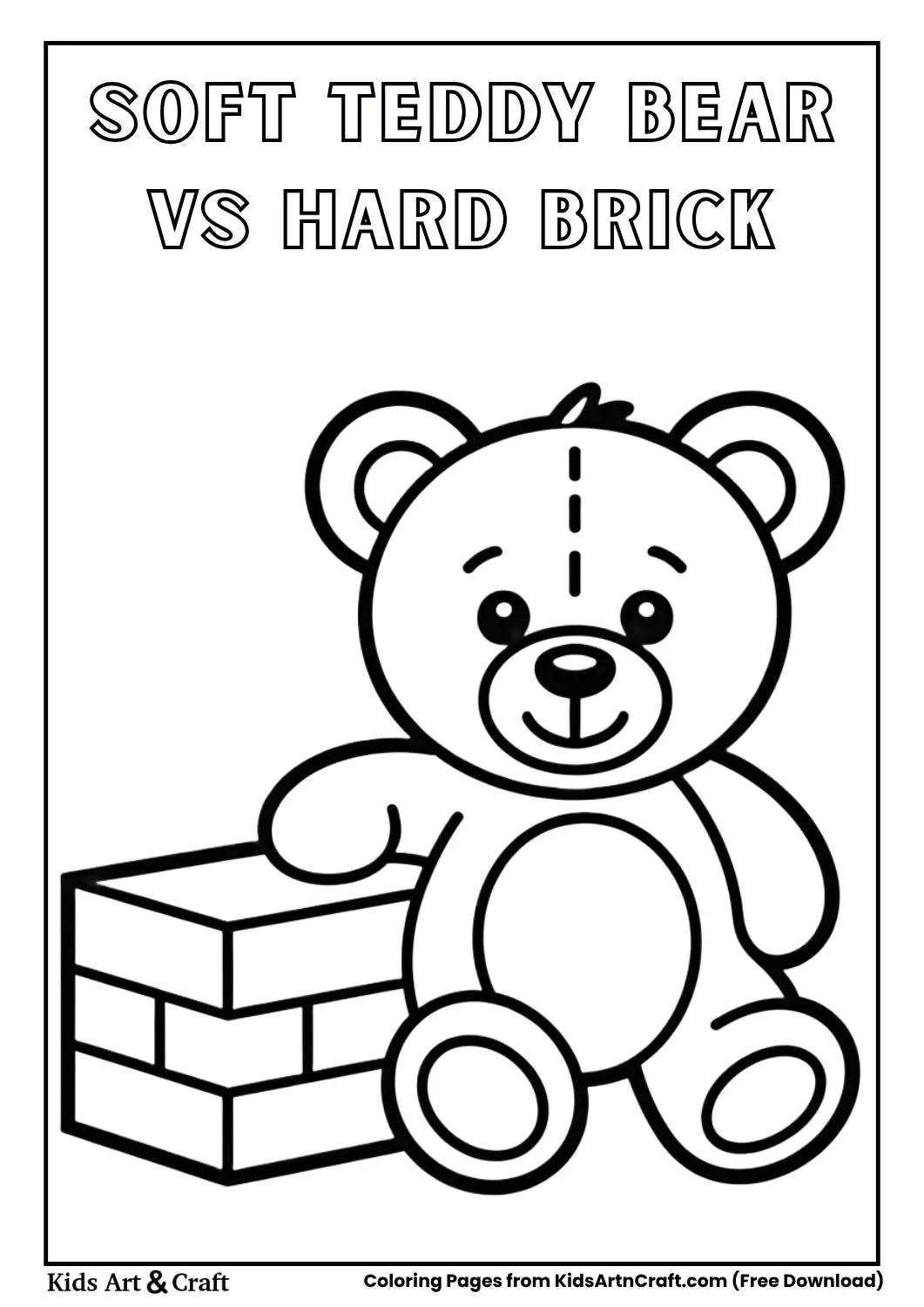 Soft teddy bear and hard brick coloring page black and white