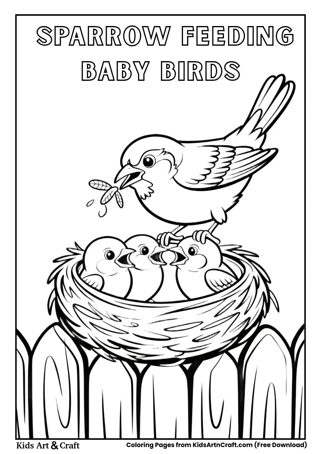 Sparrow feeding baby sparrows in a nest black and white coloring page for children