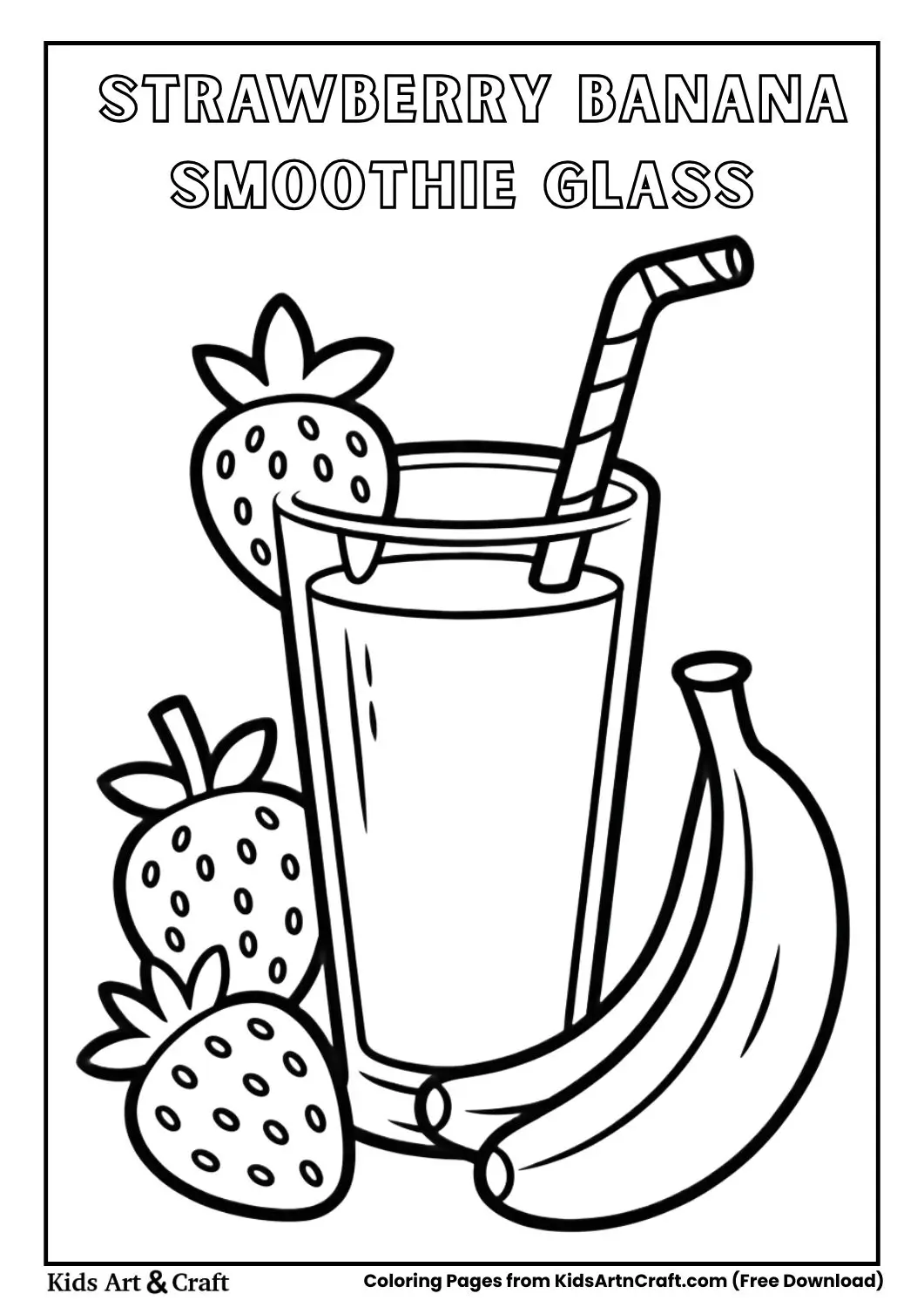 Black and white smoothie glass with strawberries and bananas around it for coloring.