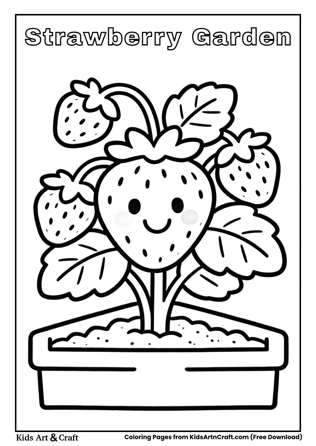 Simple black and white strawberry plant with big strawberries and leaves for kids