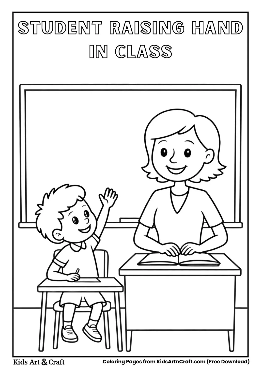 student raising hand in classroom cartoon coloring page