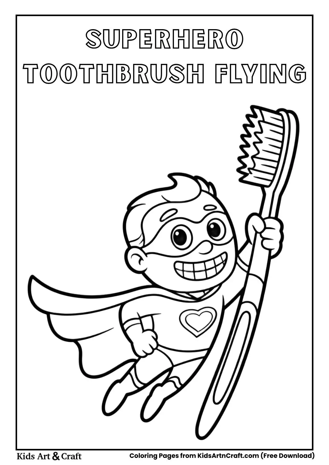 Cartoon superhero toothbrush flying with cape black and white coloring page