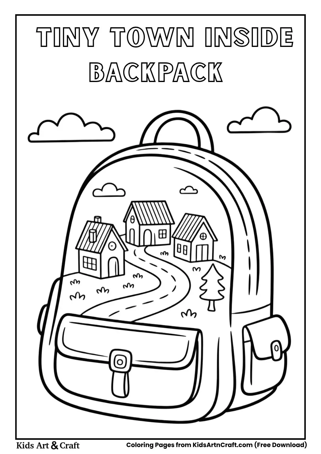 tiny town inside backpack coloring page with houses and road