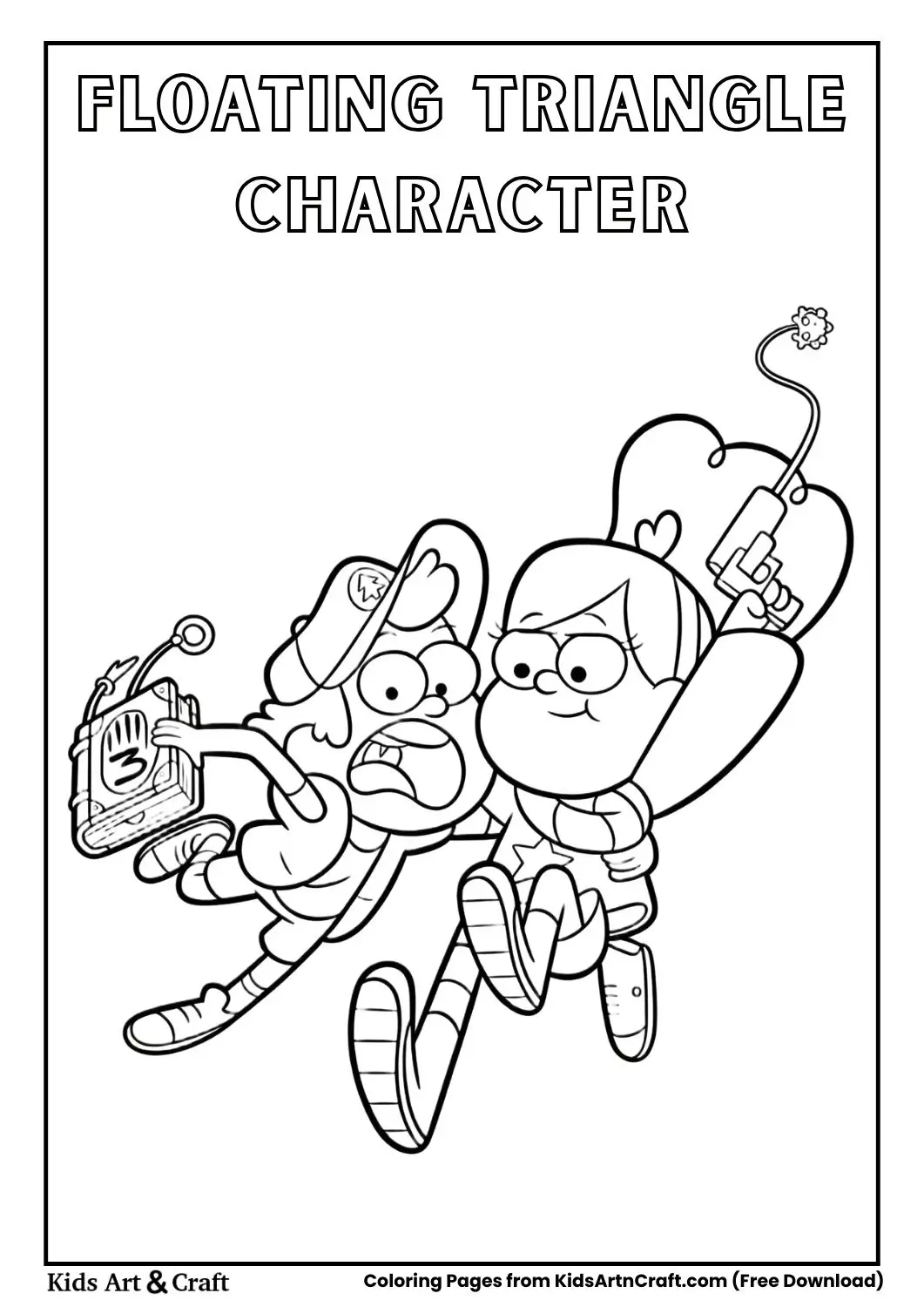 One-eyed triangle character with top hat floating in clouds holding a flame