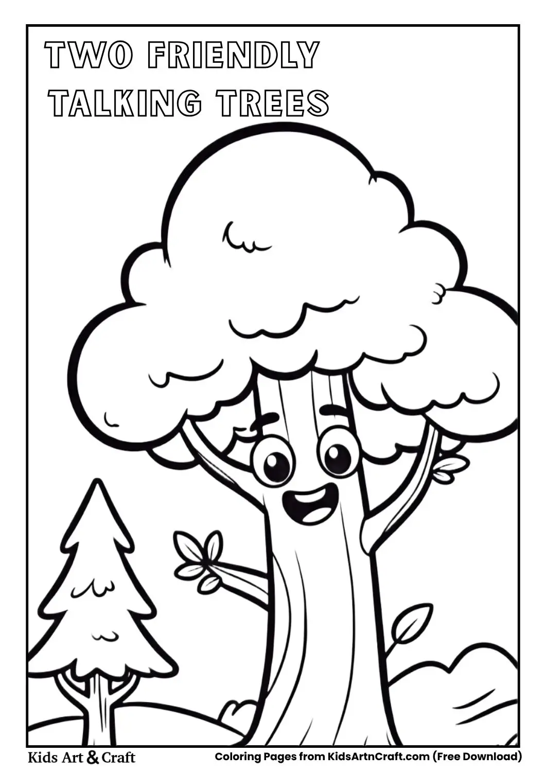 Two friendly cartoon trees talking to each other coloring page for children