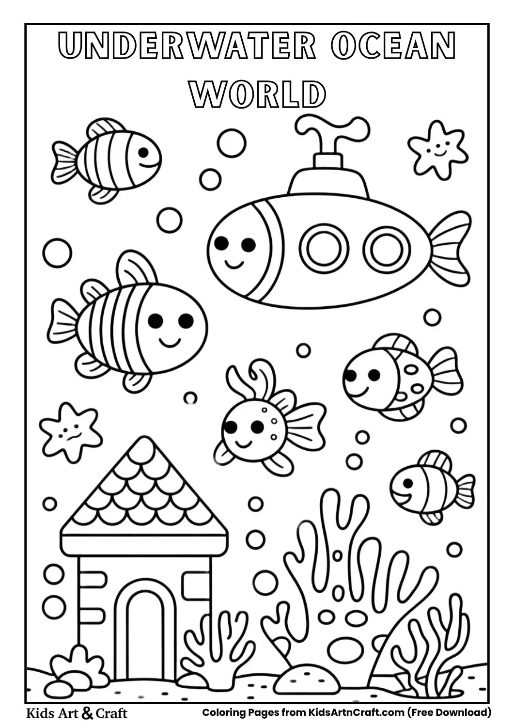 underwater ocean world coloring page with fish houses coral castles and sea animals for kids