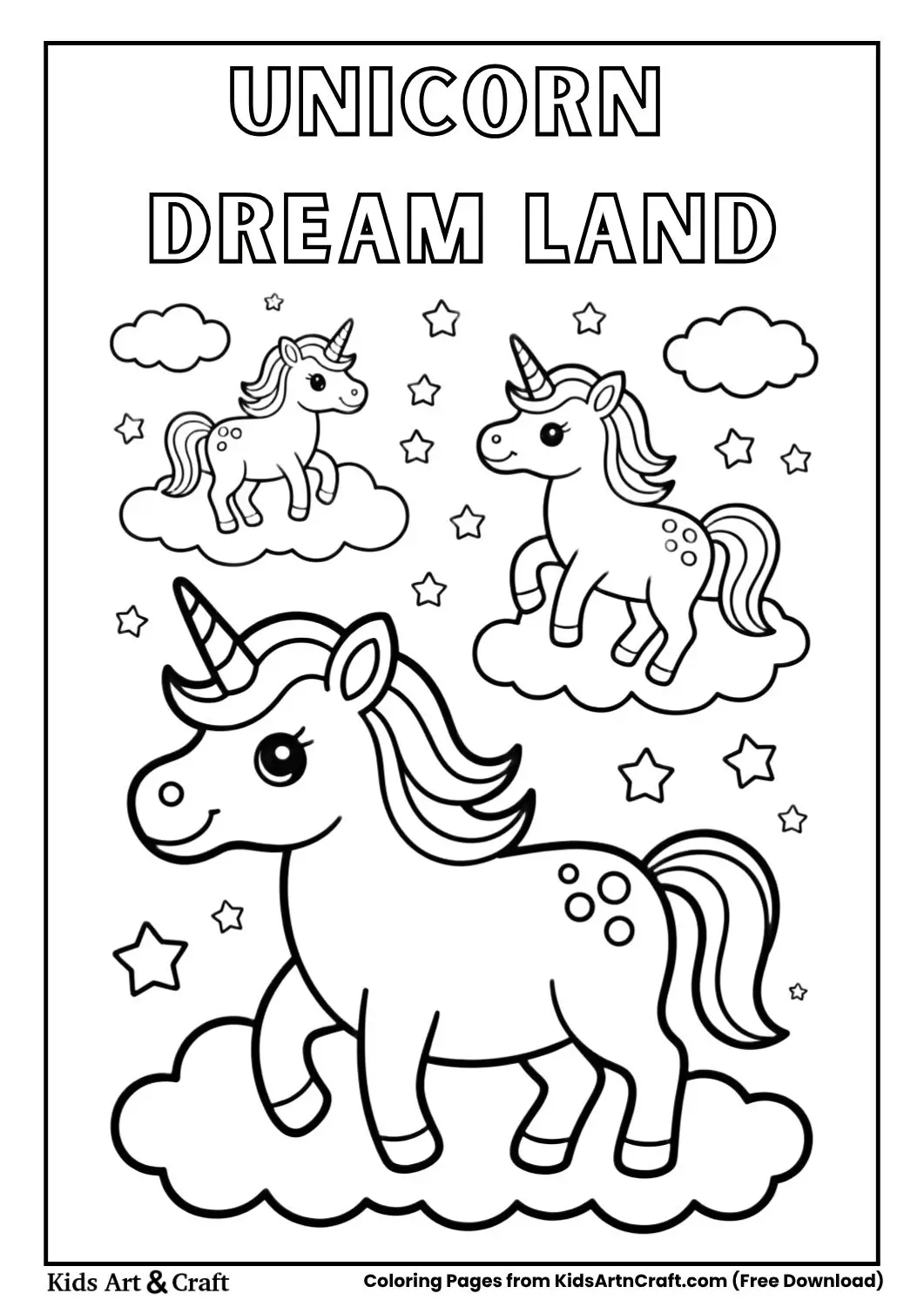Cute unicorns walking on clouds in a dream world coloring page with stars in simple black and white outlines