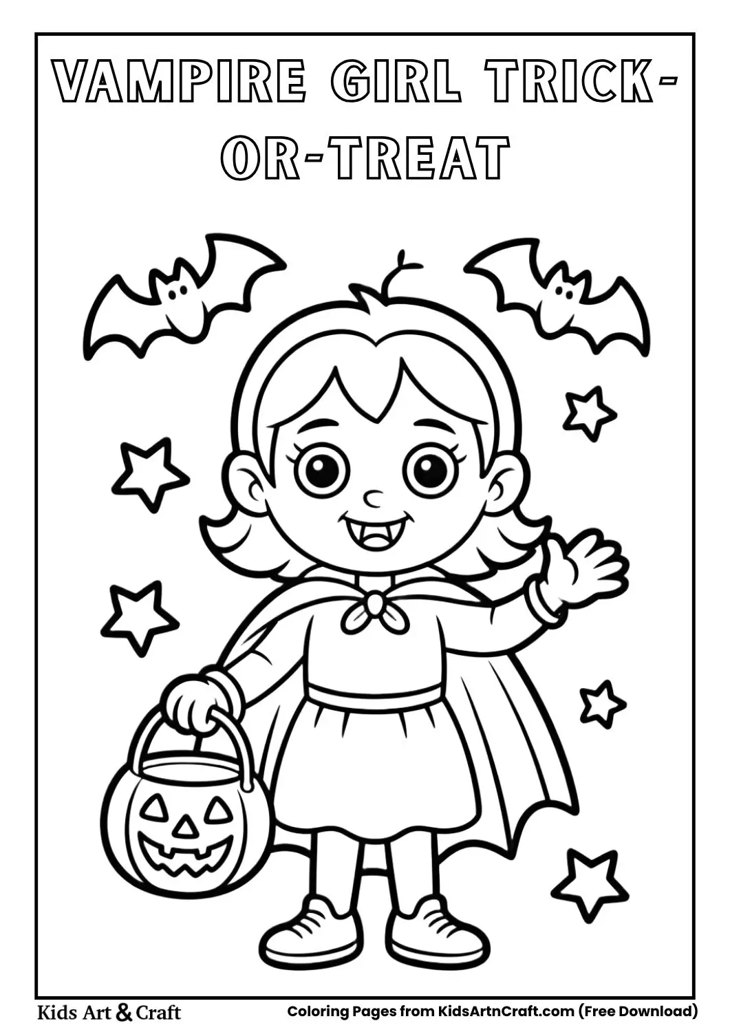 Friendly vampire girl holding pumpkin bucket trick or treat coloring page