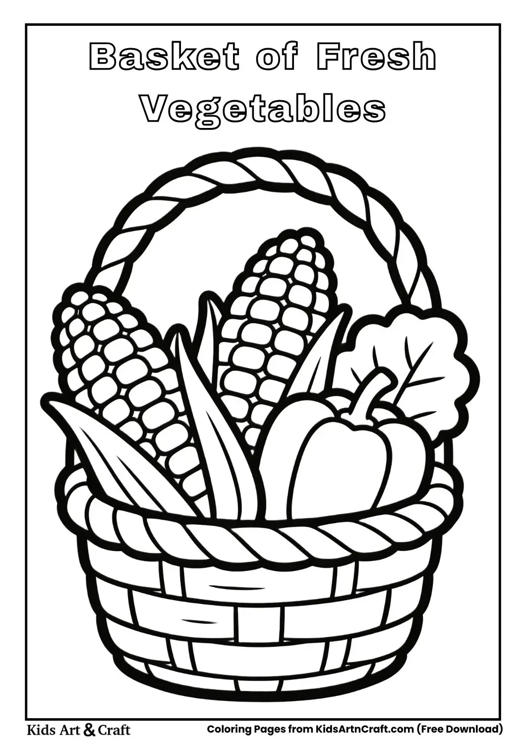Black and white coloring page of a basket filled with carrots, tomatoes, cucumbers, and corn